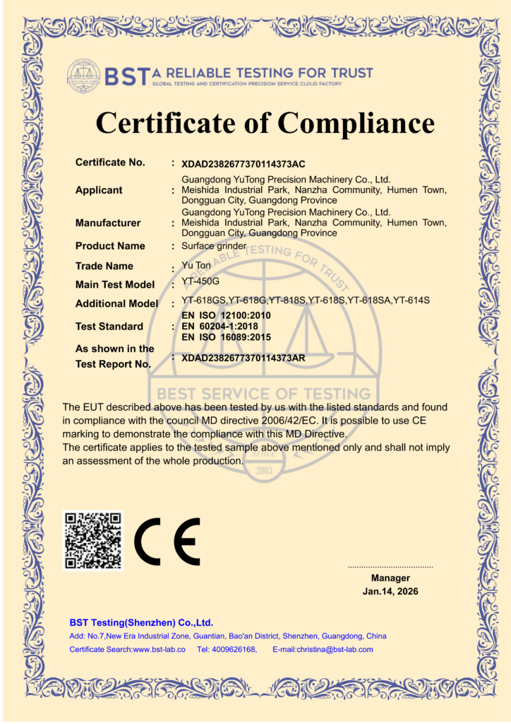 YUTON surface grinder CE compliance certificate for export to EU markets