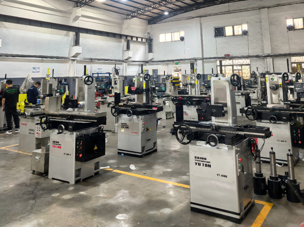 Rows of manual surface grinding machine units ready for export at YUTON factory
