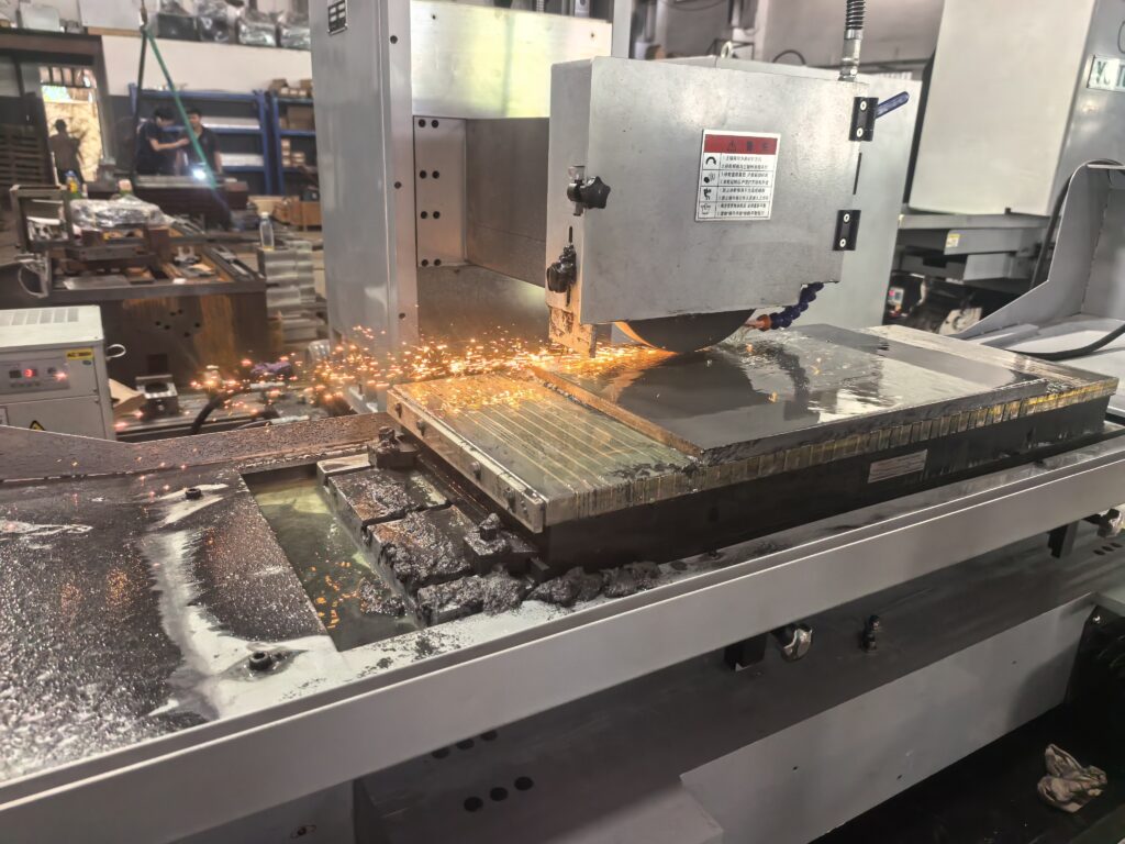 A technical guide showing grinding wheel selection factors for tool steel machining, including abrasive type, grit size, wheel hardness, and bond selection.