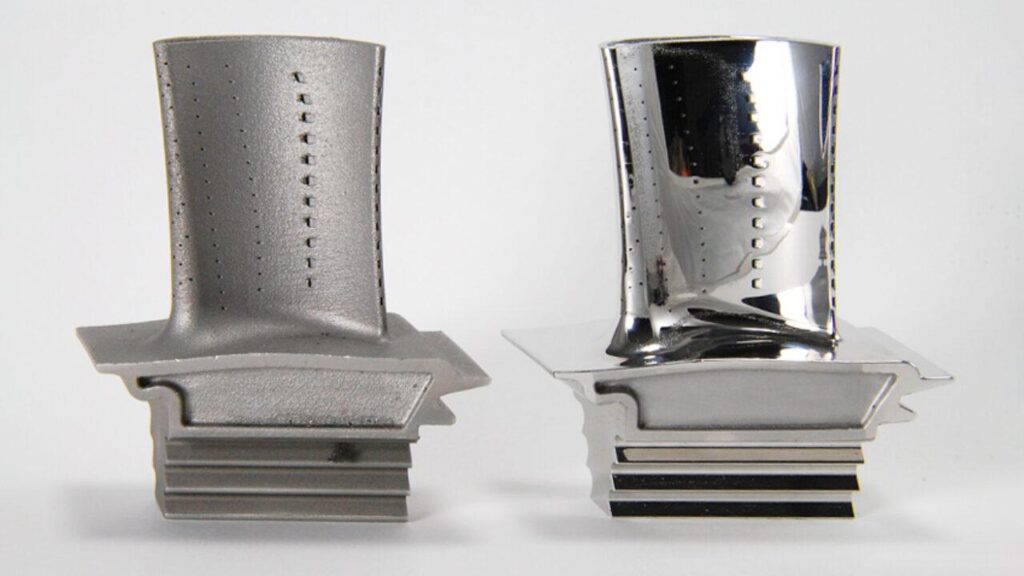 Metal 3D printed part before and after surface grinding post-processing